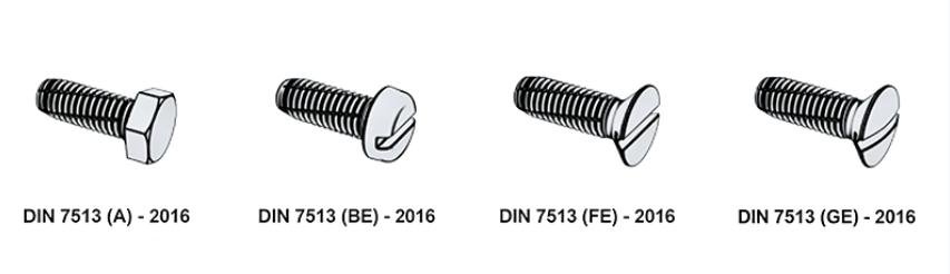We supply four main head styles: DIN 7513 (A) Hexagon Head Thread Cutting Screws DIN 7513 (BE) Slotted Cheese Head Thread Cutting Screws DIN 7513 (FE) Slotted Countersunk Head Thread Cutting Screws DIN 7513 (GE) Slotted Oval Head Thread Cutting Screws